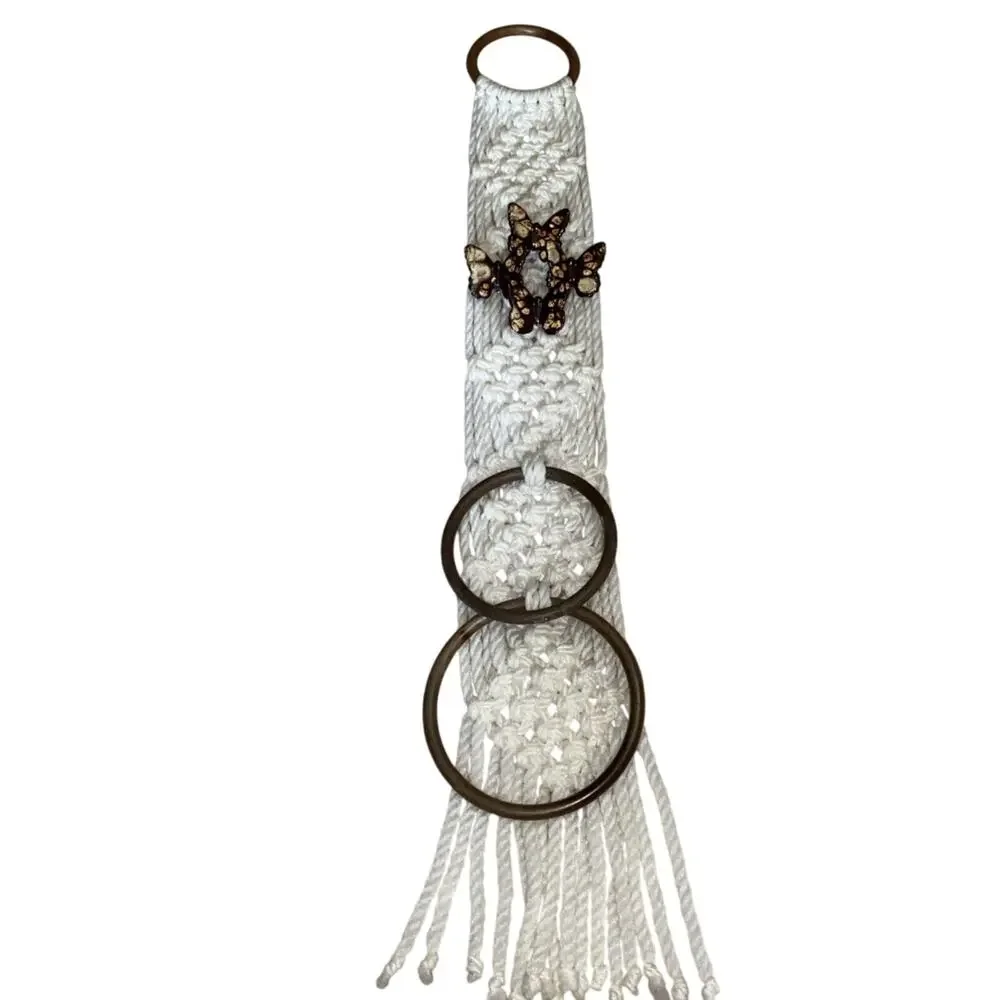 Macrame Towel Holder Ring Ceramic Butterflies Fringe Vintage Boho Fairy Hippie